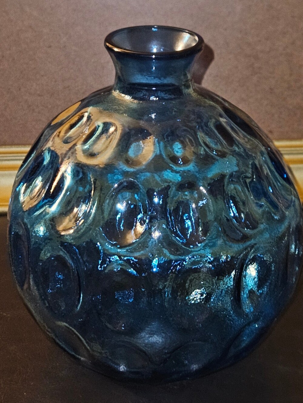 Vintage Sapphire Blue Thumb Print Glass Round Flower Vase